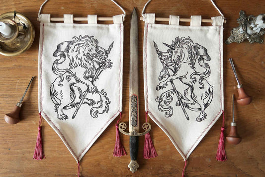 Medieval Lion and Unicorn - Linocut Banner - Limited edition