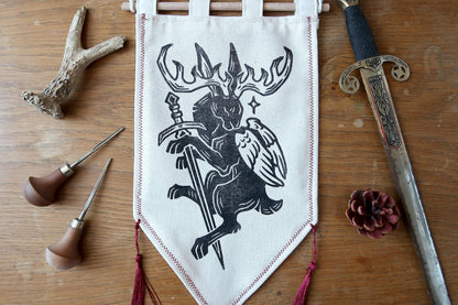 Medieval Jackalope and Wolpertinger - Linocut Banner - Limited edition