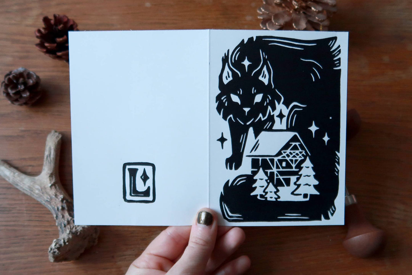 A6 with envelopes - Original Yule cat - Linocut print