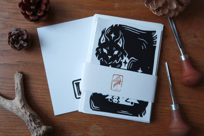 A6 with envelopes - Original Yule cat - Linocut print